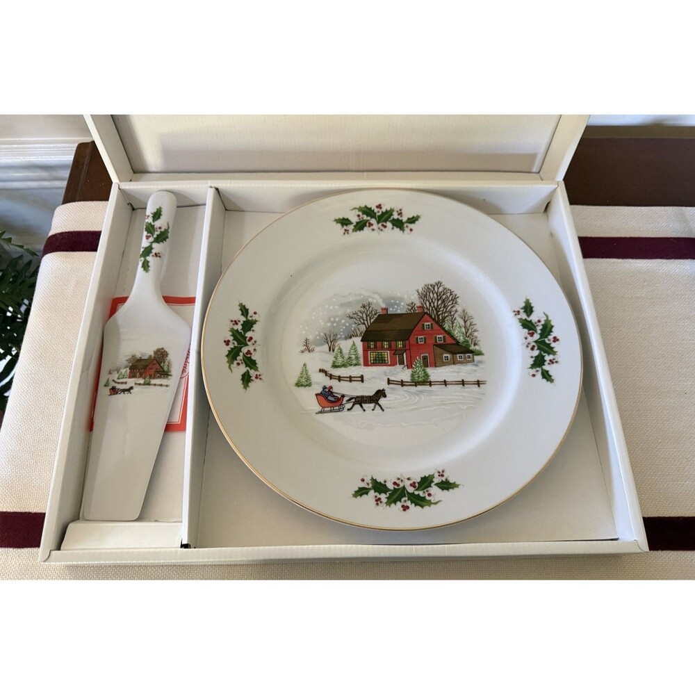 VTG Andrea by Sadek Christmas Cake Plate & Server Set Winter Farmhouse Sleigh